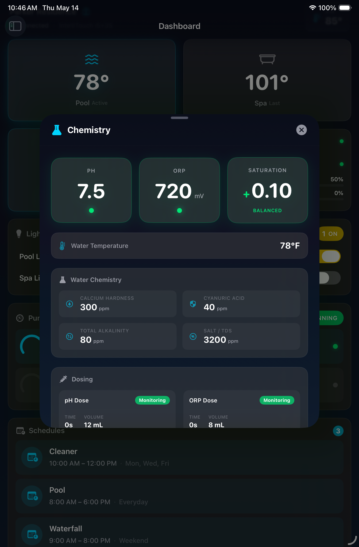 PoolLogic chemistry view on iPad