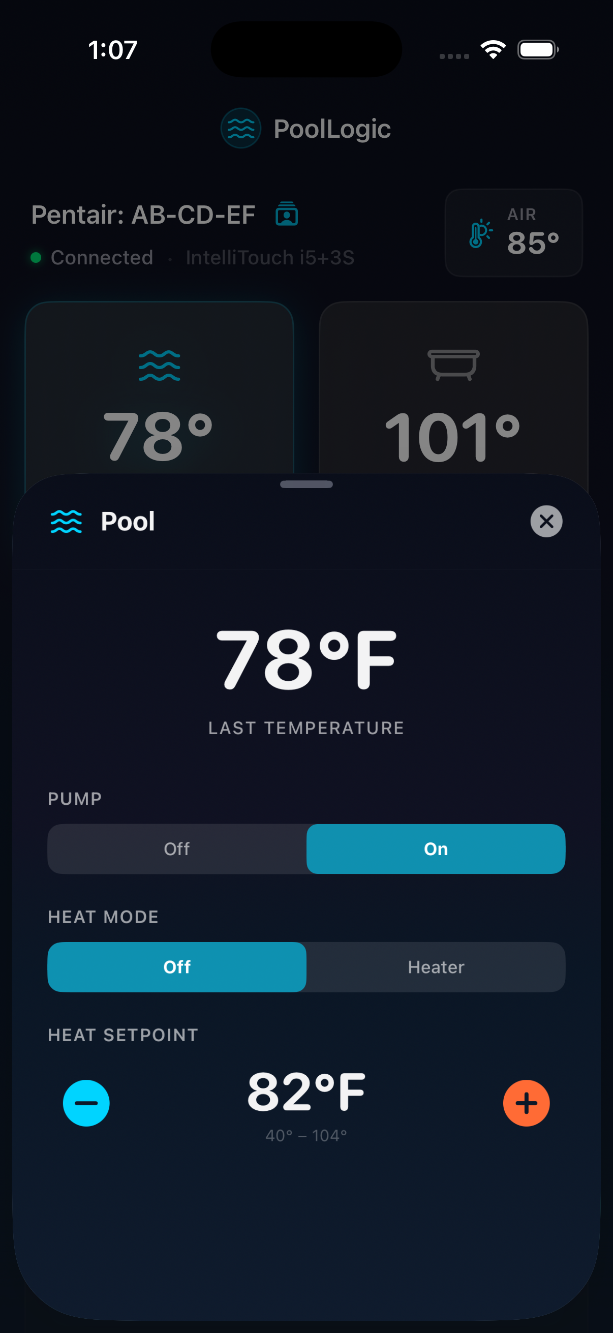 PoolLogic heating control on iPhone