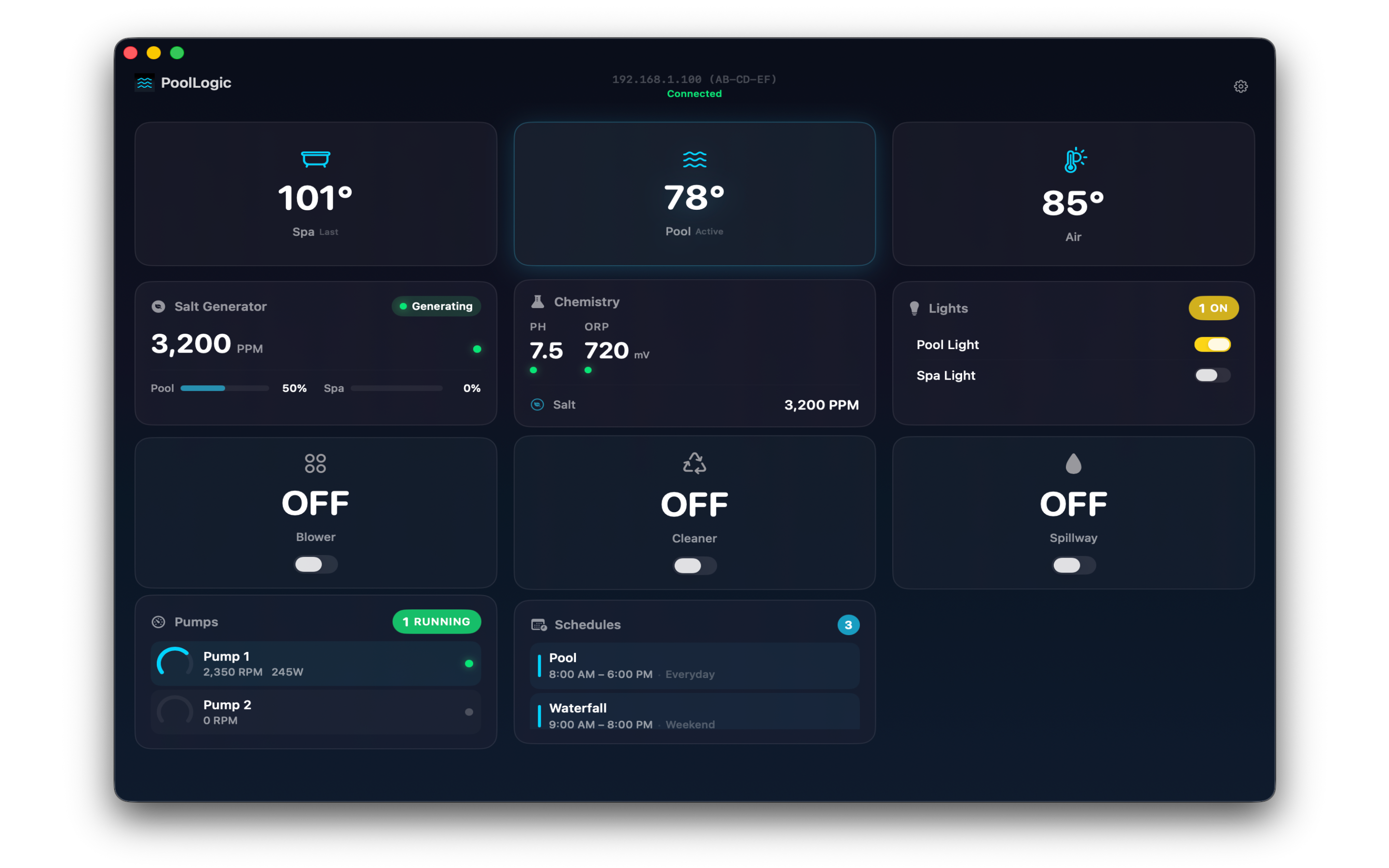 PoolLogic ScreenLogic app for Mac showing real-time pool dashboard with temperatures, chemistry, and equipment status