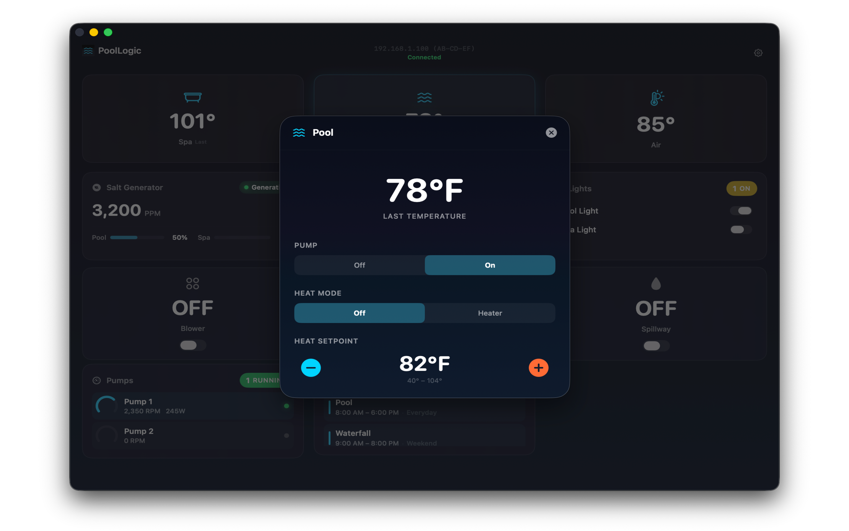 Pool and spa heater control with temperature setpoints on macOS