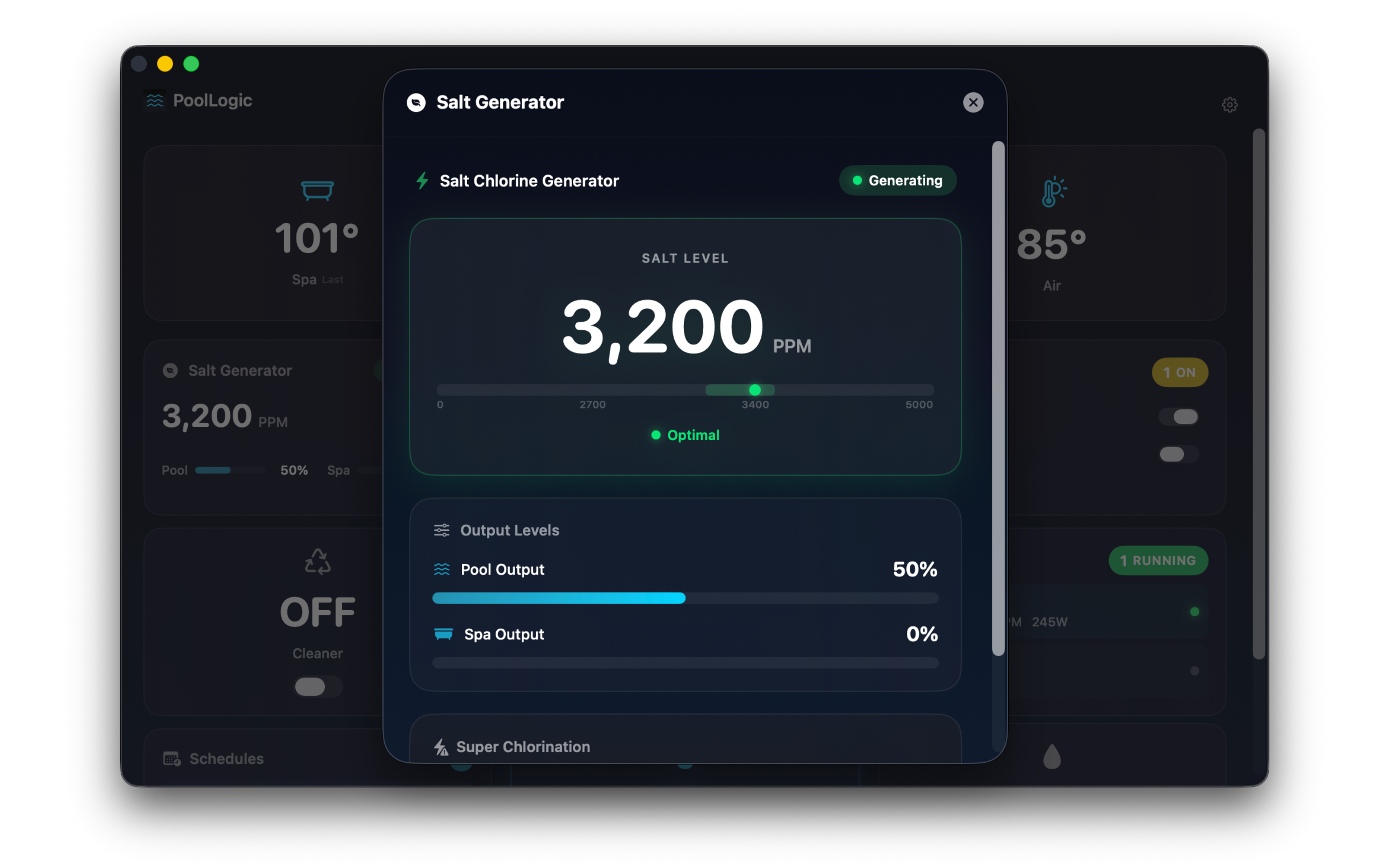 IntelliChlor salt chlorine generator status and output on macOS