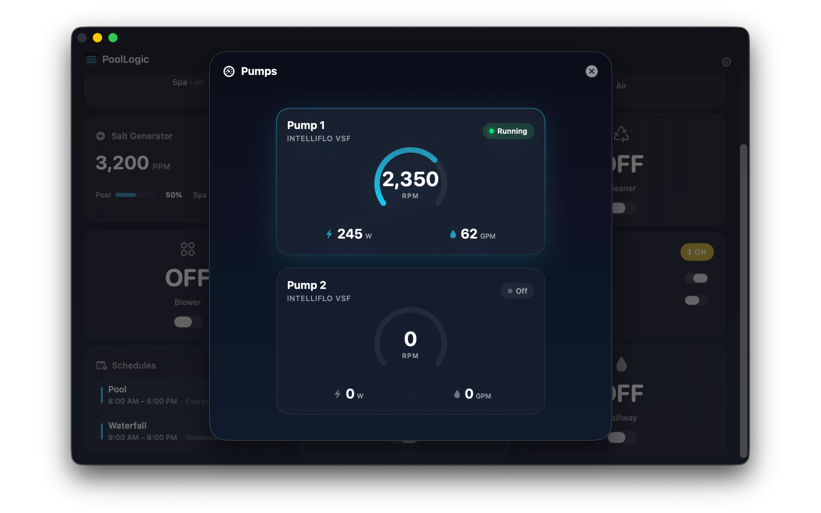 IntelliFlo pump RPM and wattage monitoring on Mac