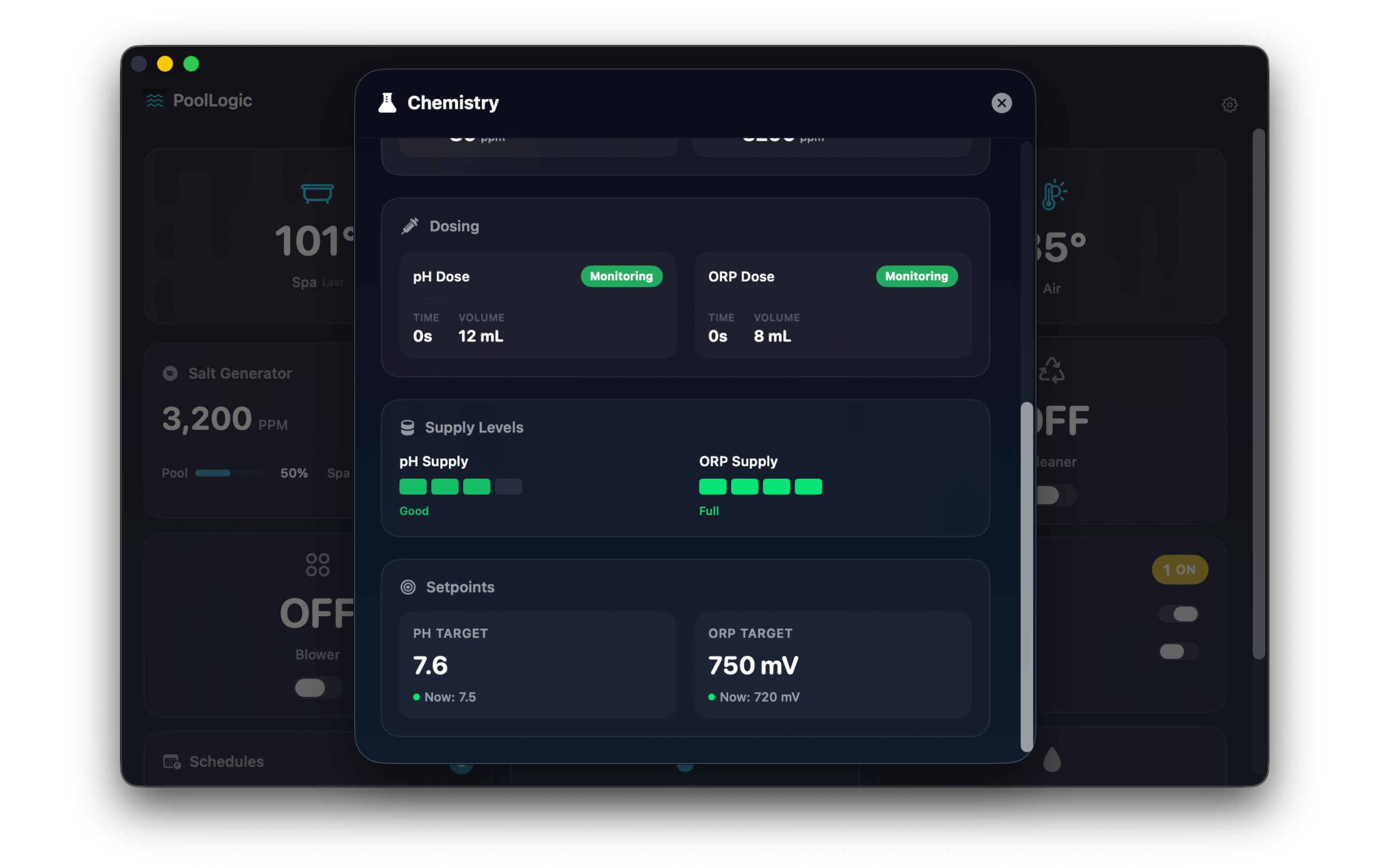 IntelliChem dosing status and chemistry control on macOS